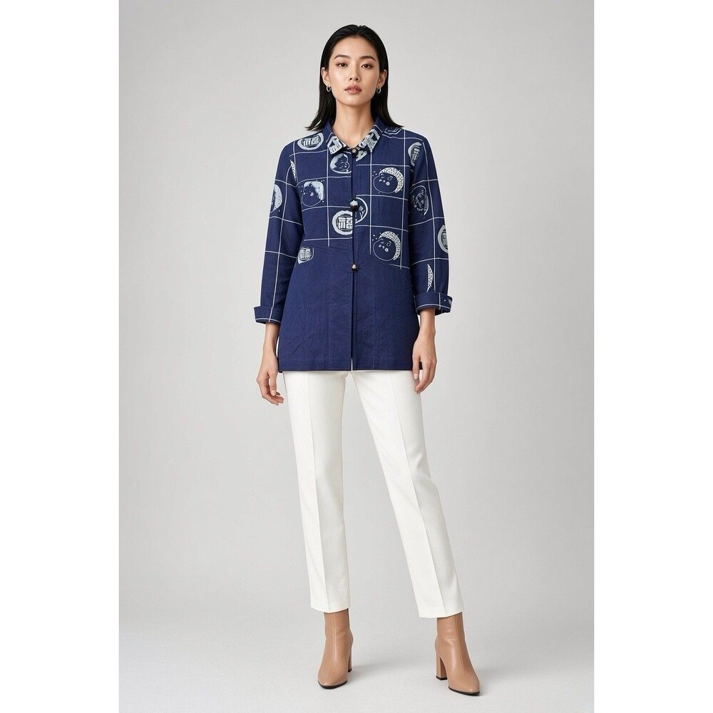 Cupcake International Womens M Indigo Blue Art To Wear Asian Graphic Jacket